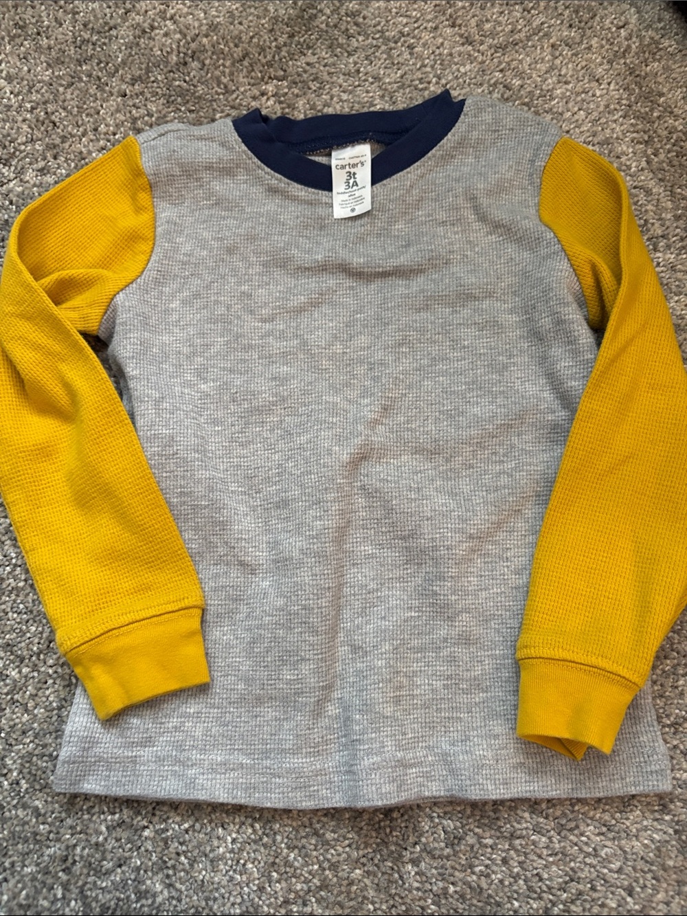 Carter's Heather Gray Waffle Long Sleeve Tee with Mustard Sleeves and Navy Neck